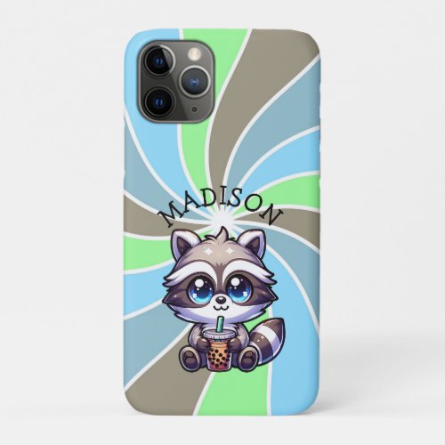 Cute Kawaii Raccoon with Bubble Tea Personalized iPhone 11 Pro Case