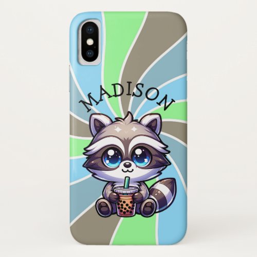 Cute Kawaii Raccoon with Bubble Tea Personalized iPhone XS Case