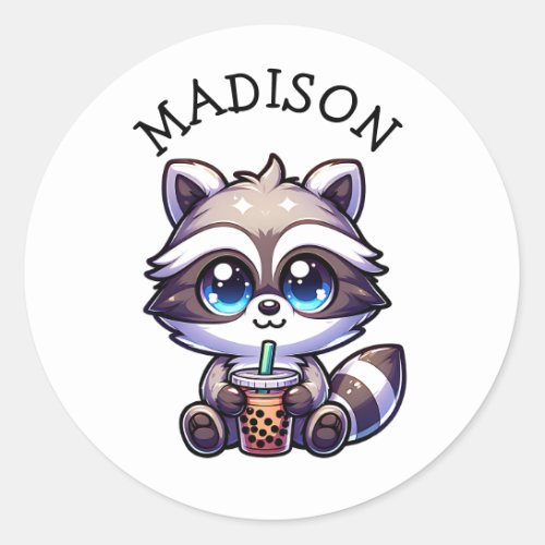 Cute Kawaii Raccoon with Bubble Tea Personalized Classic Round Sticker