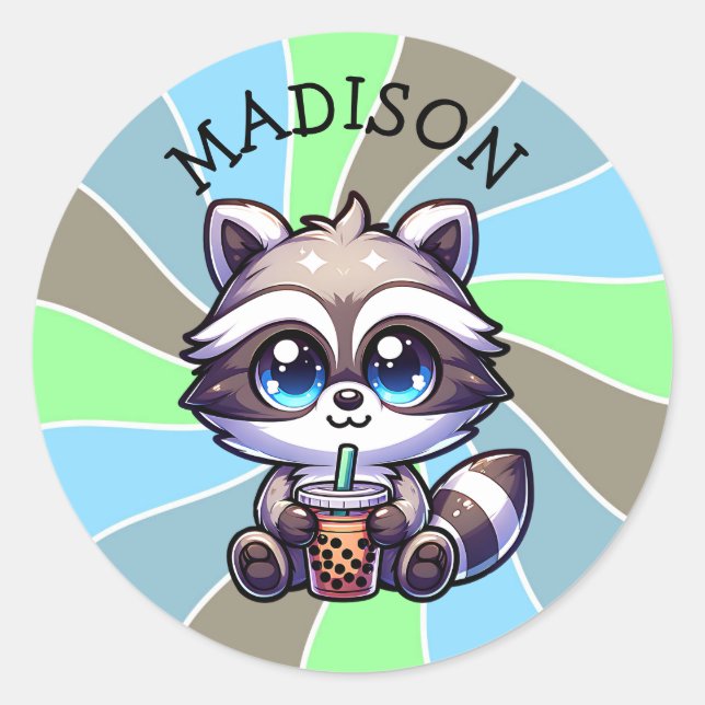 Cute Kawaii Raccoon with Bubble Tea Personalized Classic Round Sticker (Front)