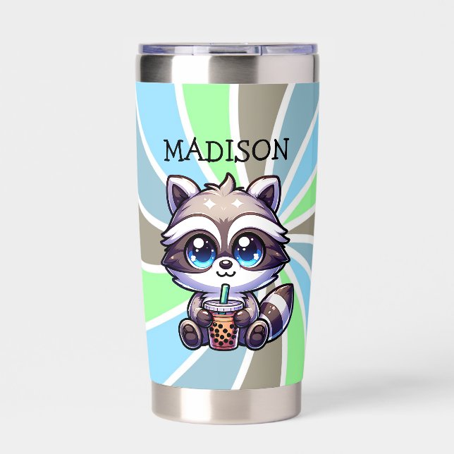 Cute Kawaii Raccoon with Bubble Tea Personalized Insulated Tumbler (Front)