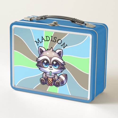 Cute Kawaii Raccoon with Bubble Tea Personalized Metal Lunch Box