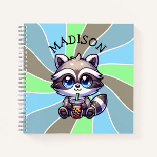 Cute Kawaii Raccoon with Bubble Tea Personalized Notebook