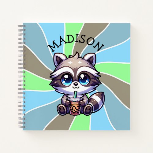 Cute Kawaii Raccoon with Bubble Tea Personalized Notebook