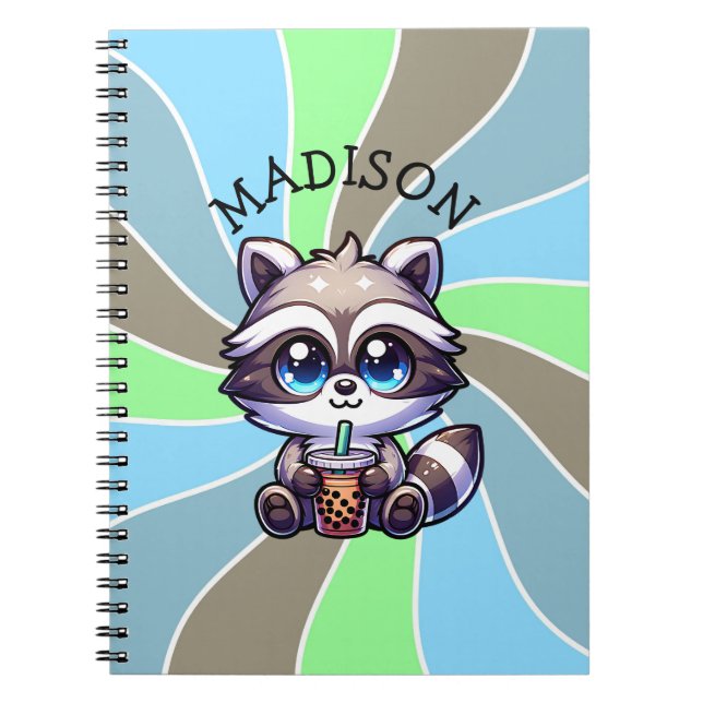 Cute Kawaii Raccoon with Bubble Tea Personalized Notebook (Front)