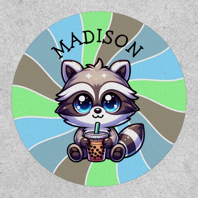 Cute Kawaii Raccoon with Bubble Tea Personalized Patch (Front)
