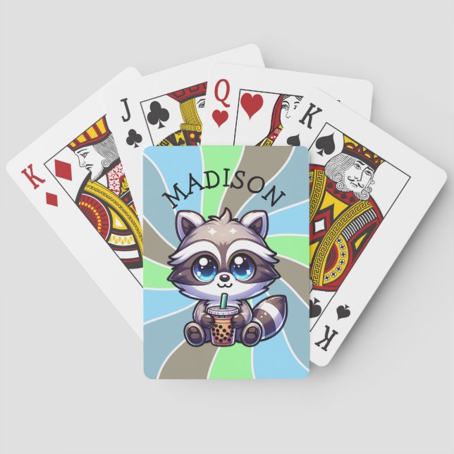 Cute Kawaii Raccoon with Bubble Tea Personalized Poker Cards (Back)