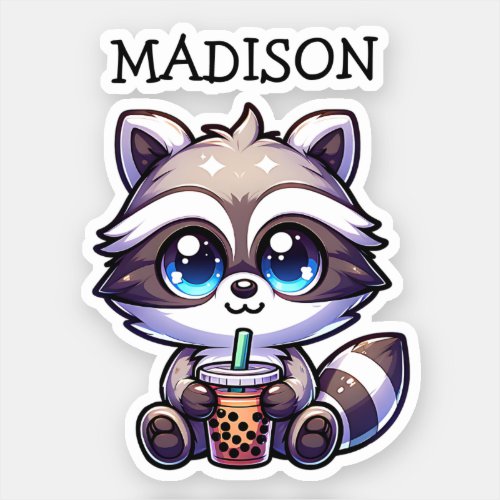 Cute Kawaii Raccoon with Bubble Tea Personalized Sticker
