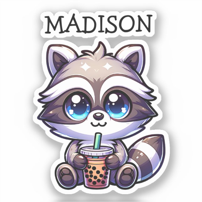 Cute Kawaii Raccoon with Bubble Tea Personalized Sticker (Front)