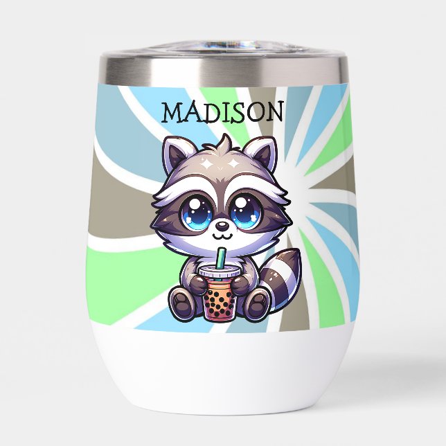 Cute Kawaii Raccoon with Bubble Tea Personalized Thermal Wine Tumbler (Front)