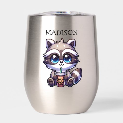 Cute Kawaii Raccoon with Bubble Tea Personalized Thermal Wine Tumbler