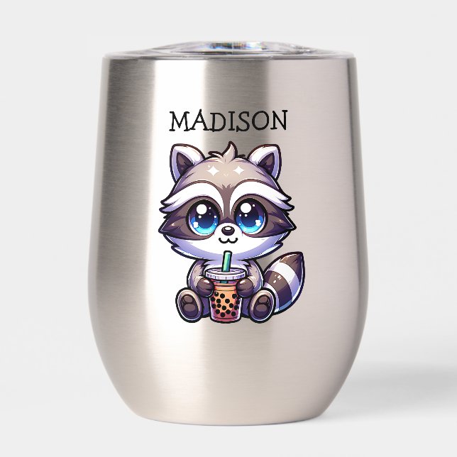 Cute Kawaii Raccoon with Bubble Tea Personalized Thermal Wine Tumbler (Front)