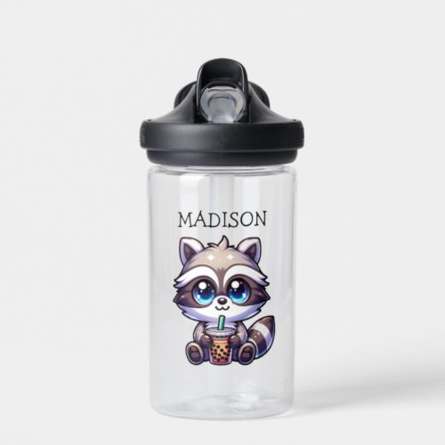 Cute Kawaii Raccoon with Bubble Tea Personalized Water Bottle