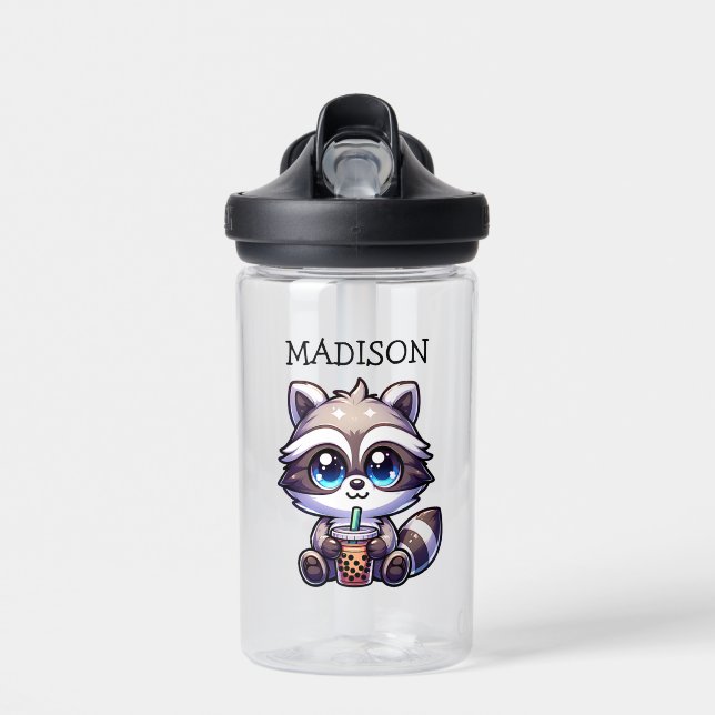 Cute Kawaii Raccoon with Bubble Tea Personalized Water Bottle (Front)
