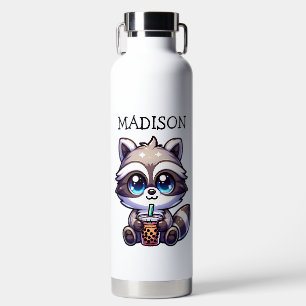 Cute Kawaii Raccoon with Bubble Tea Personalized Water Bottle