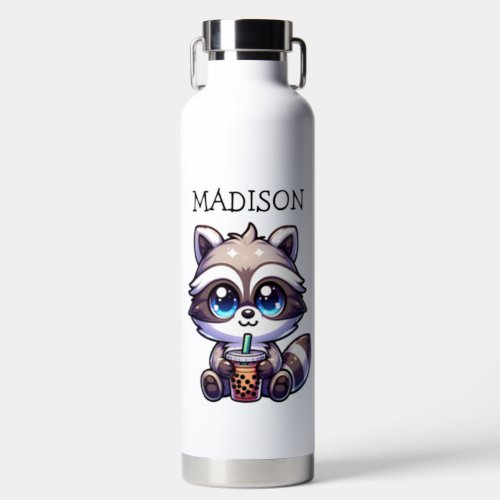 Cute Kawaii Raccoon with Bubble Tea Personalized Water Bottle