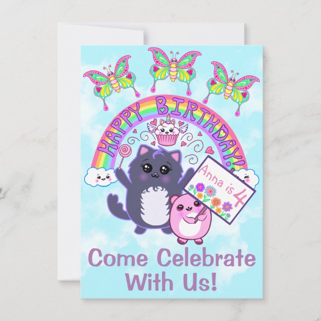 Cute Kawaii Rainbow Birthday Party Invitations (Front)