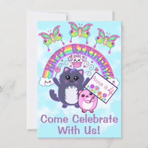 Cute Kawaii Rainbow Birthday Party Invitations