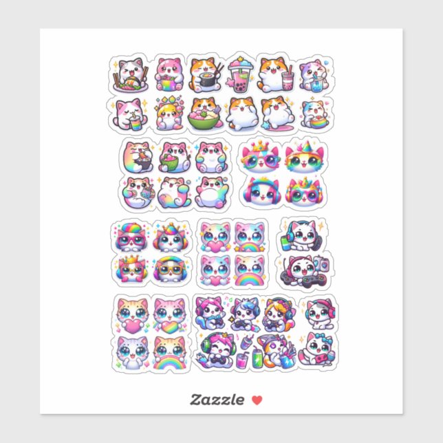Cute Kawaii Rainbow Cat Stickers – Adorable Gamer  (Sheet)