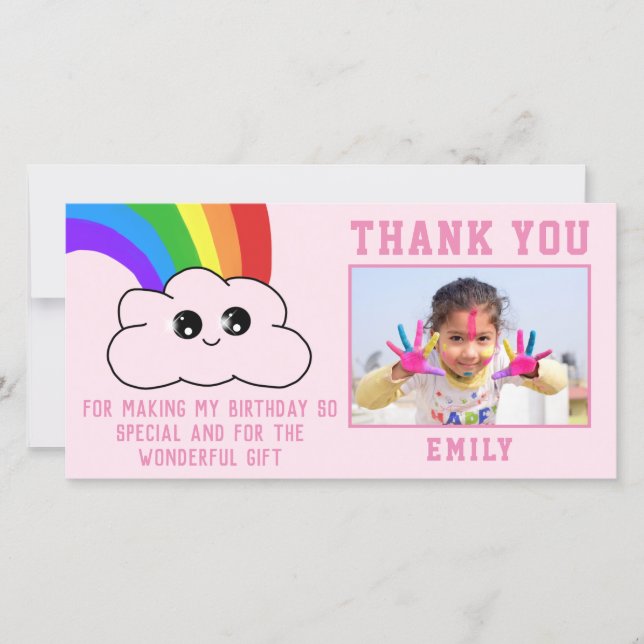 Cute Kawaii Rainbow Cloud Thank you Birthday Card (Front)