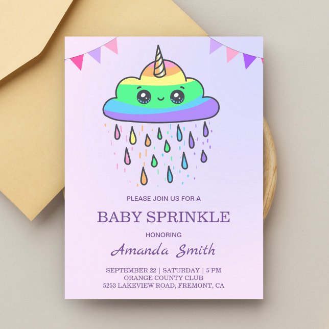 Cute Kawaii Rainbow Cloud Unicorn Baby Sprinkle Invitation Postcard (Creator Uploaded)