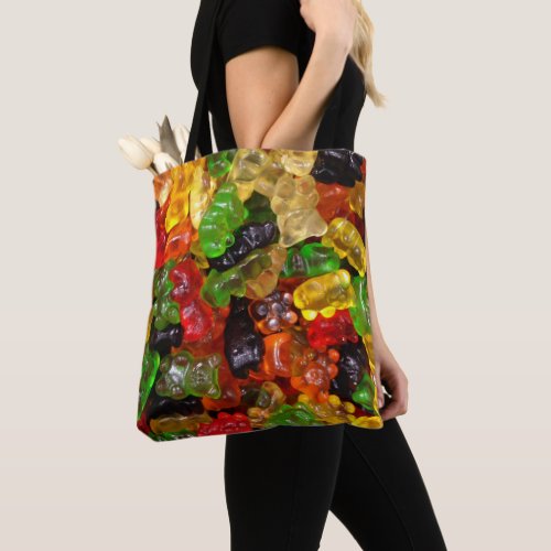cute kawaii rainbow colorful candy bear gummy tote bag