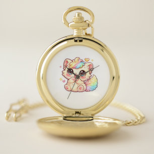 Cute Kawaii Rainbow Kitten Pastel Fluffy Cat Stick Pocket Watch