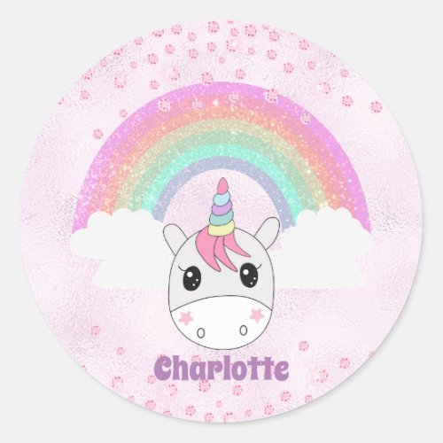 Cute Kawaii Rainbow Unicorn with Custom Name Classic Round Sticker