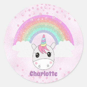 Cute Kawaii Rainbow Unicorn with Custom Name Classic Round Sticker