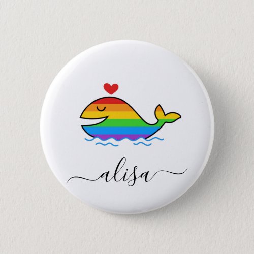 Cute Kawaii Rainbow Whale Gay Pride Custom Name Button