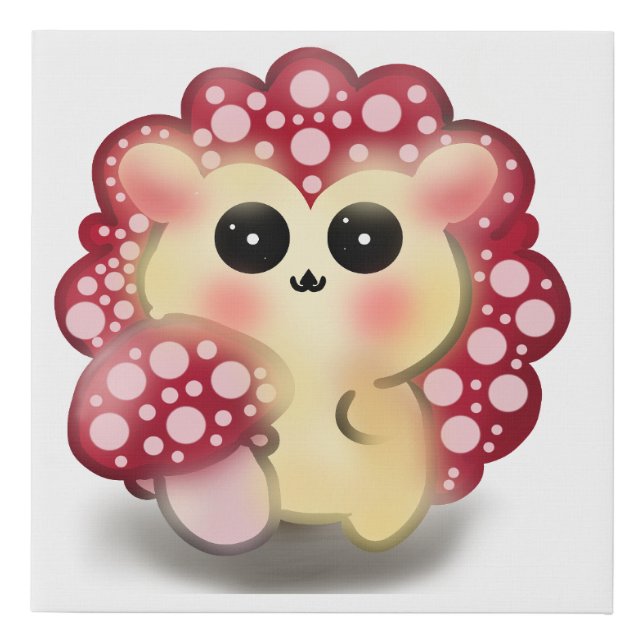 Cute Kawaii Red Mushroom Hedgehog Toadstool Art Faux Canvas Print (Front)