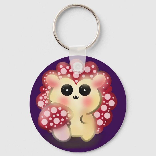Cute Kawaii Red Mushroom Hedgehog Toadstool Art Keychain (Front)