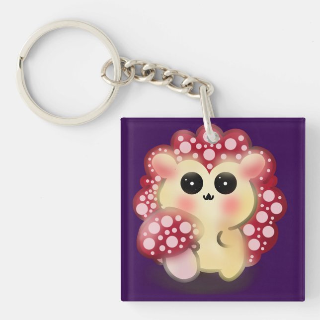 Cute Kawaii Red Mushroom Hedgehog Toadstool Art Keychain (Front)