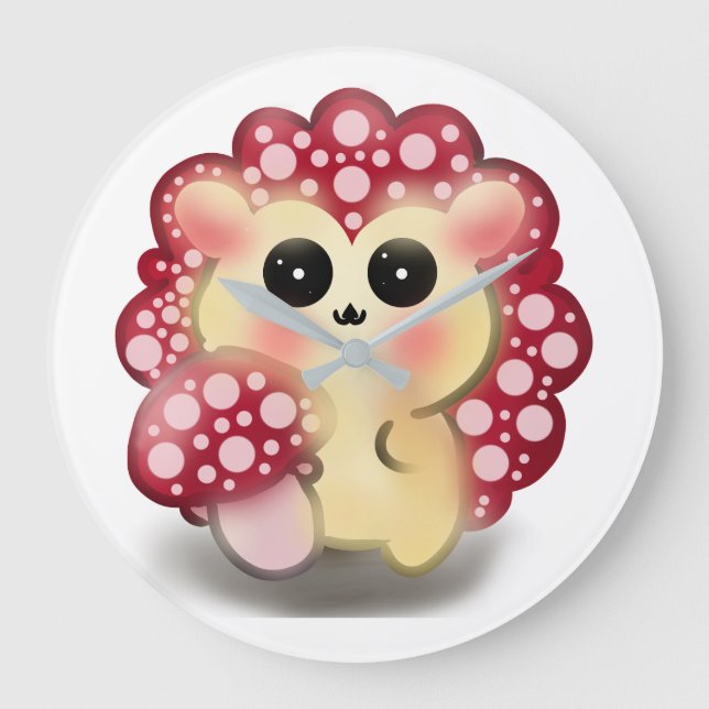 Cute Kawaii Red Mushroom Hedgehog Toadstool Art Large Clock (Front)
