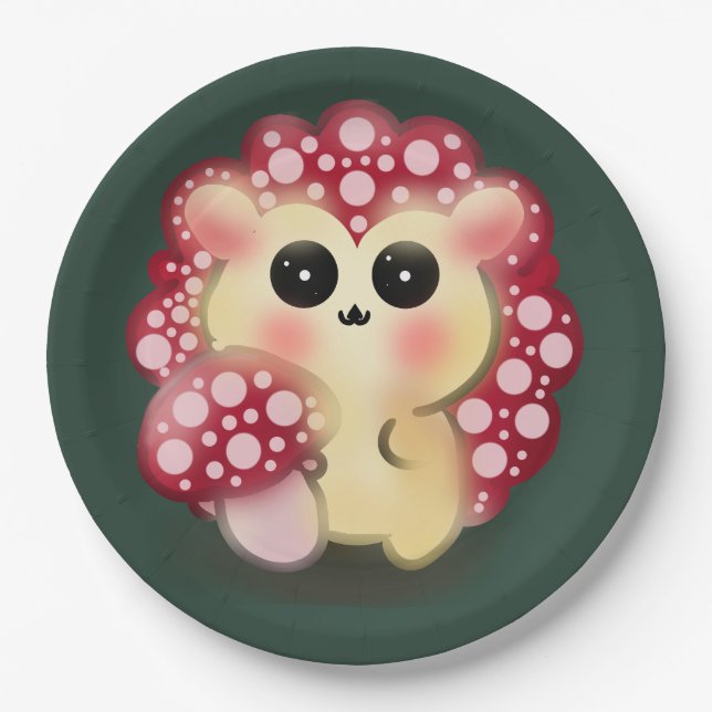 Cute Kawaii Red Mushroom Hedgehog Toadstool Art Paper Plates (Front)