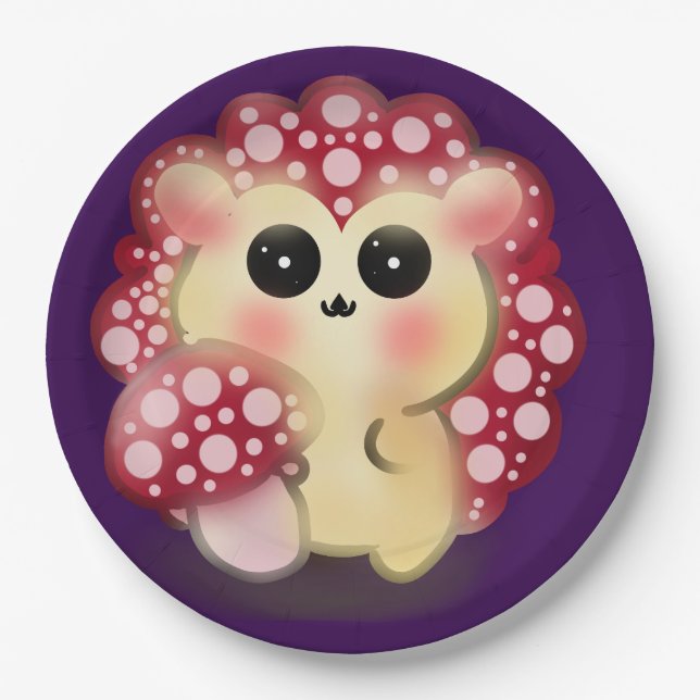 Cute Kawaii Red Mushroom Hedgehog Toadstool Art Paper Plates (Front)