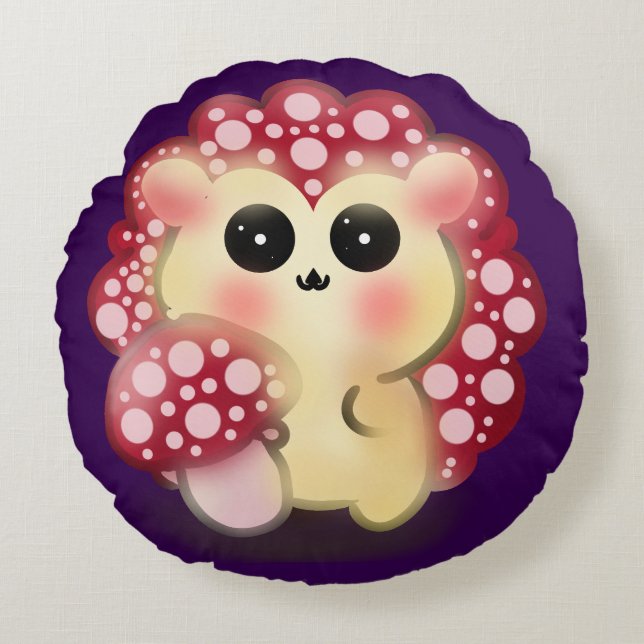 Cute Kawaii Red Mushroom Hedgehog Toadstool Art Round Pillow (Front)