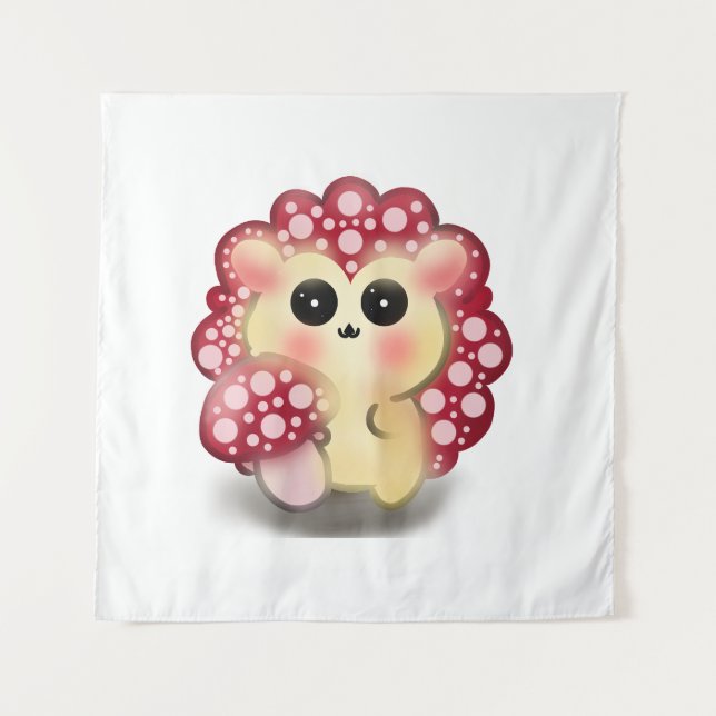 Cute Kawaii Red Mushroom Hedgehog Toadstool Art Tapestry (Front)