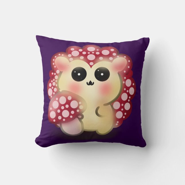 Cute Kawaii Red Mushroom Hedgehog Toadstool Art Throw Pillow (Front)