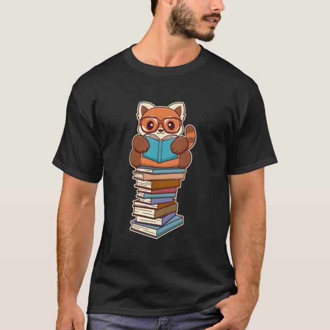 Cute Kawaii Red Panda Reading A Book T-Shirt (Front)