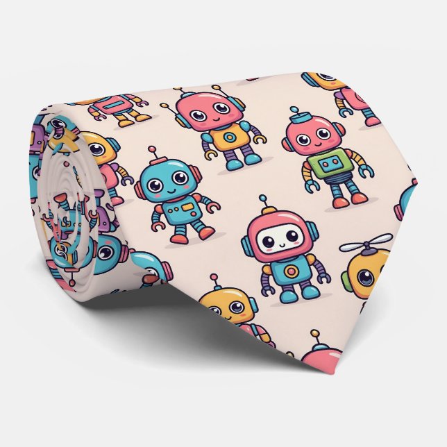 Cute Kawaii Robot Pattern Neck Tie (Rolled)