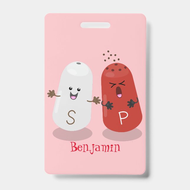 Cute kawaii salt and pepper shakers cartoon badge (Front)