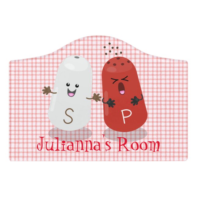 Cute kawaii salt and pepper shakers cartoon door sign (Small Crest Front)