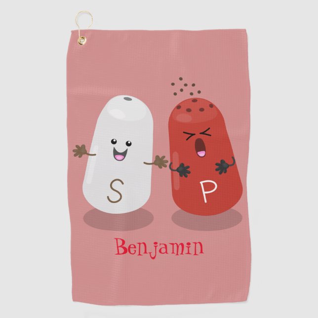 Cute kawaii salt and pepper shakers cartoon  golf towel (Front)