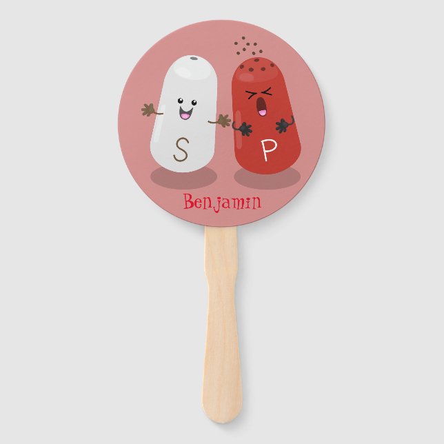 Cute kawaii salt and pepper shakers cartoon hand fan (Front)