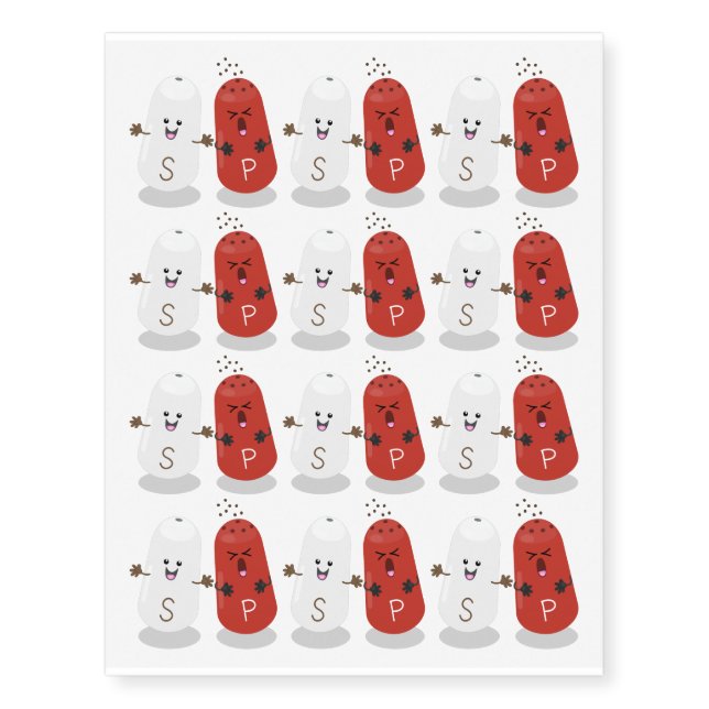 Cute kawaii salt and pepper shakers cartoon temporary tattoos (Front)