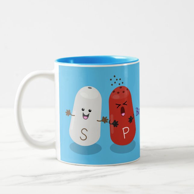 Cute kawaii salt and pepper shakers cartoon Two-Tone coffee mug (Left)