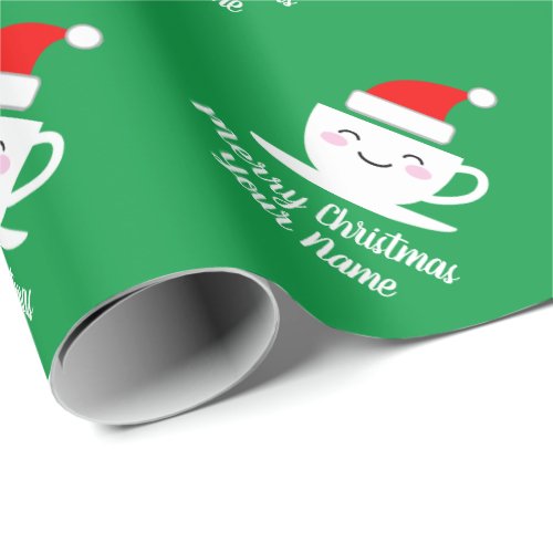 Cute kawaii Santa cartoon coffee cup Christmas Wrapping Paper