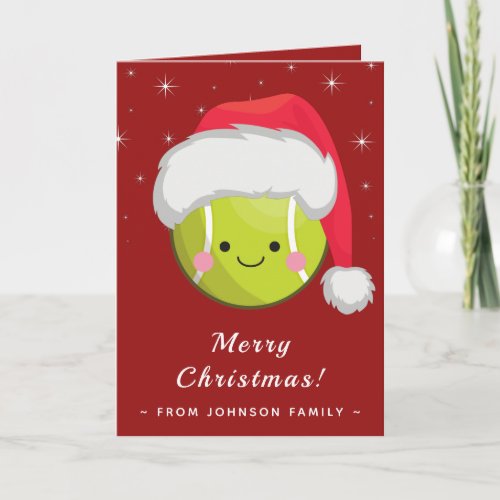 Cute Kawaii Santa Tennis Ball Xmas Sparkle Red Card