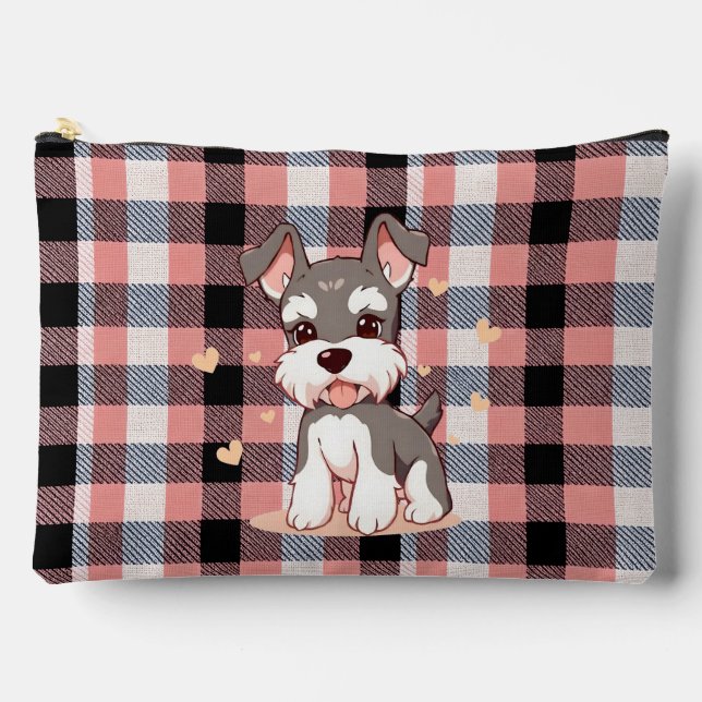 Cute Kawaii Schnauzer Dog Pink Buffalo Plaid Accessory Pouch (Front)